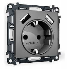 Розетка с заземлением и со шторкой и 2хusb type a, без рамки ambrella volt quant ma659010